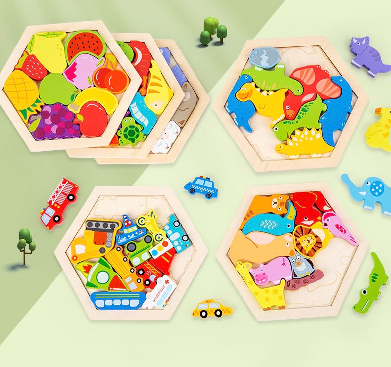 Toddler Wooden Puzzle Blocks - 3D Multi-Theme Animals Fruits Food Jigsaw Puzzles
