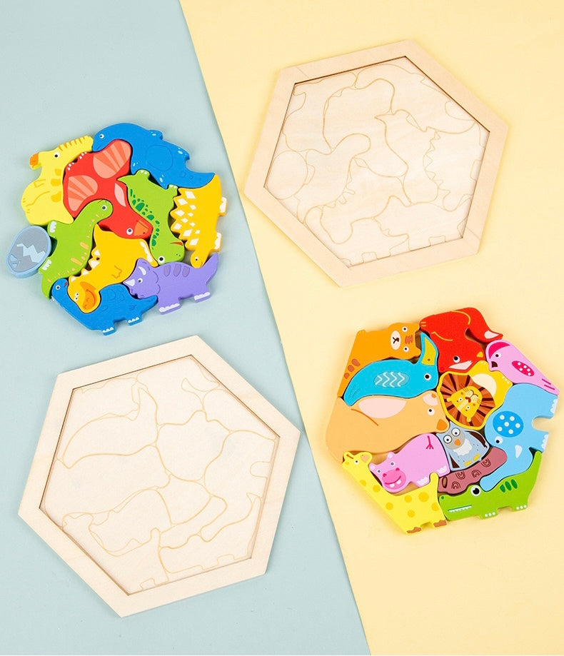 Toddler Wooden Puzzle Blocks - 3D Multi-Theme Animals Fruits Food Jigsaw Puzzles