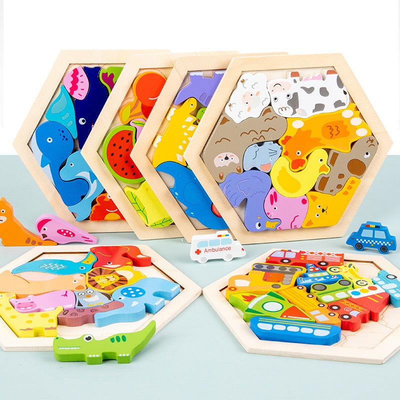 Toddler Wooden Puzzle Blocks - 3D Multi-Theme Animals Fruits Food Jigsaw Puzzles