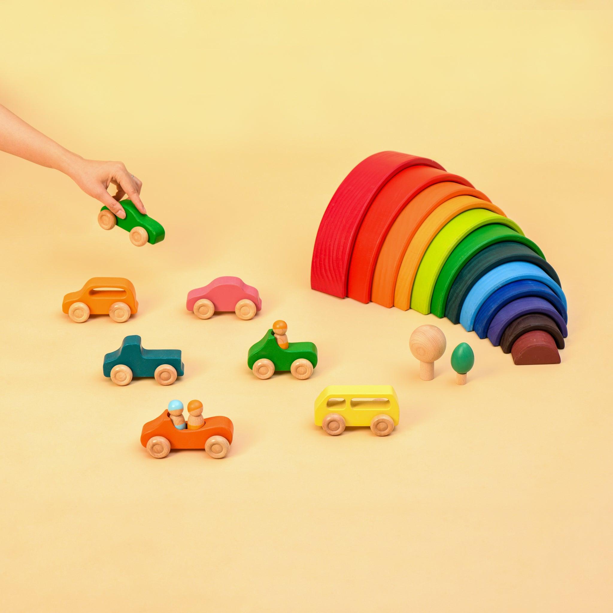 combo rainbow stacker & cars - open-ended toys